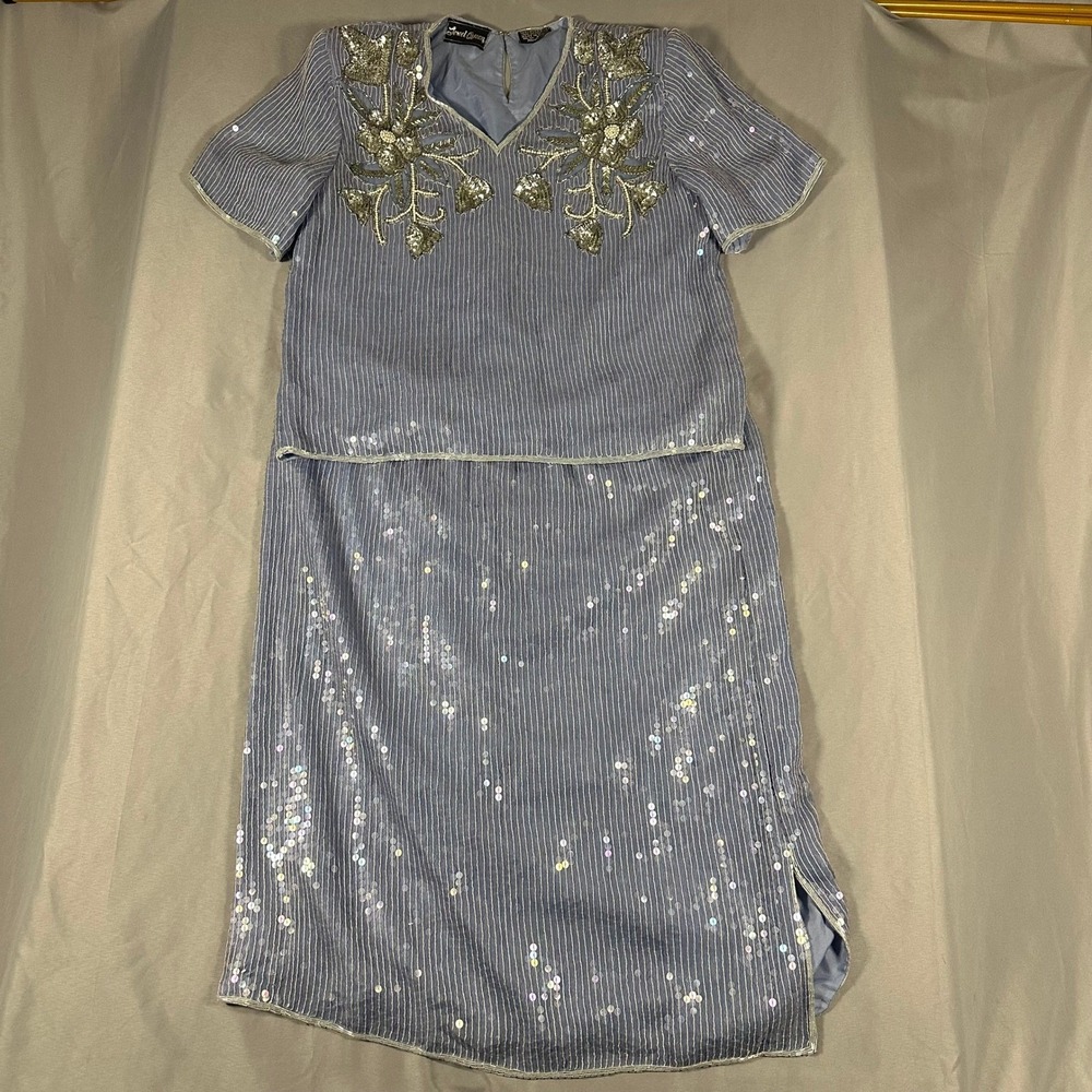 Jewel Queen Silk Beaded Sequin 2 Piece Skirt‎ Set Medium Blue Waist 19" Flat